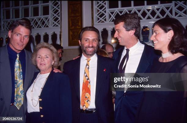 Portrait of, from left, American actor Christopher Reeve , philanthropist Ethel Kennedy, actor Ron Silver (1946 - 2009, and married couple,...