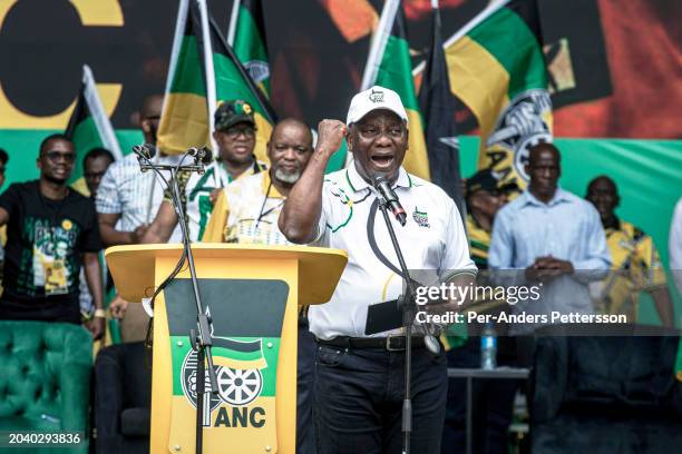 South African President and African National Congress President Cyril Ramaphosa speaks to supporters at the ANC Election Manifesto at Moses Mabhida...