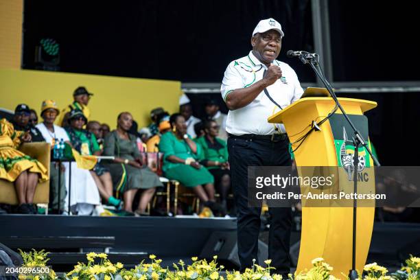 South African President and African National Congress President Cyril Ramaphosa speaks to supporters at the ANC Election Manifesto at Moses Mabhida...