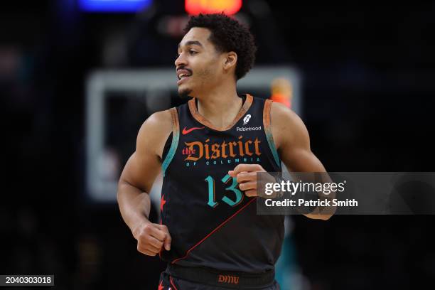 Jordan Poole of the Washington Wizards in action against the Cleveland Cavaliers at Capital One Arena on February 25, 2024 in Washington, DC. NOTE TO...