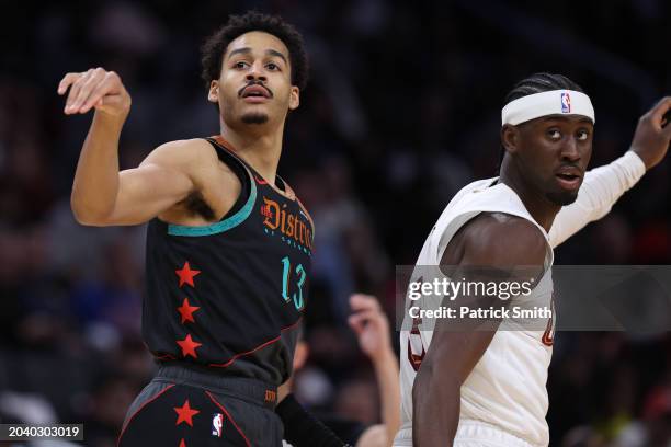 Jordan Poole of the Washington Wizards in action against the Cleveland Cavaliers at Capital One Arena on February 25, 2024 in Washington, DC. NOTE TO...