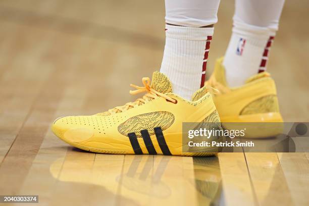 The basketball shoes of Donovan Mitchell of the Cleveland Cavaliers are seen against the Washington Wizards at Capital One Arena on February 25, 2024...