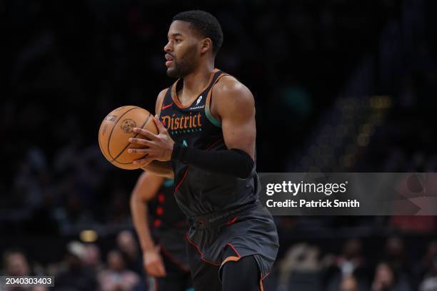 Jared Butler of the Washington Wizards in action against the Cleveland Cavaliers at Capital One Arena on February 25, 2024 in Washington, DC. NOTE TO...