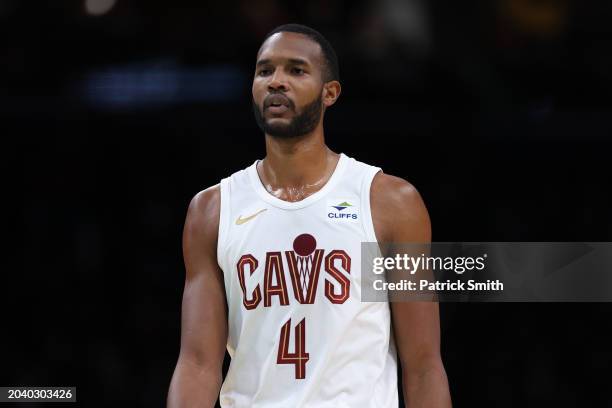 Evan Mobley of the Cleveland Cavaliers in action against the Washington Wizards at Capital One Arena on February 25, 2024 in Washington, DC. NOTE TO...