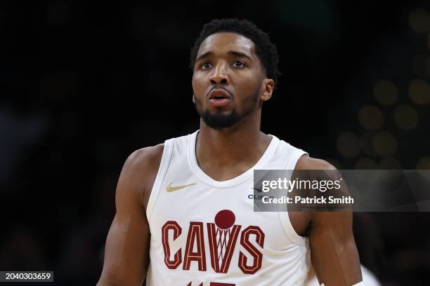 Donovan Mitchell of the Cleveland Cavaliers looks on against the Washington Wizards at Capital One Arena on February 25, 2024 in Washington, DC. NOTE...