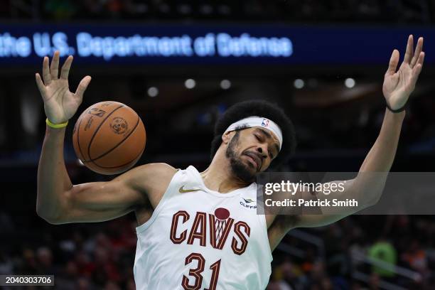 Jarrett Allen of the Cleveland Cavaliers dunks against the Washington Wizards at Capital One Arena on February 25, 2024 in Washington, DC. NOTE TO...