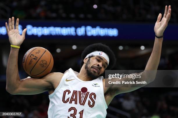 Jarrett Allen of the Cleveland Cavaliers dunks against the Washington Wizards at Capital One Arena on February 25, 2024 in Washington, DC. NOTE TO...