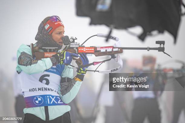 Sophia Schneider of Germany at the shooting range during the Women 15 km Individual at the BMW IBU World Cup Biathlon Oslo - Holmenkollen on February...