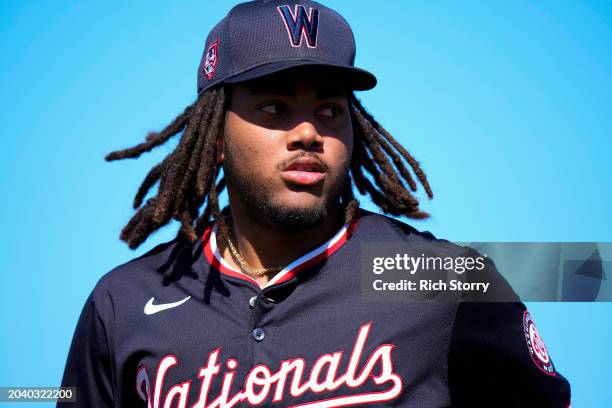 James Wood of the Washington Nationals looks on against the Miami Marlins during a spring training game at Roger Dean Stadium on February 25, 2024 in...