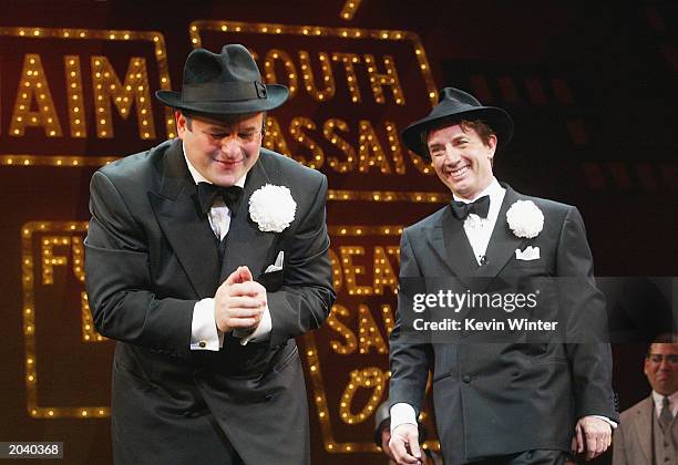 Actors Jason Alexander and Martin Short take a bow at the curtain call for "The Producers" at the Pantages Theatre on May 29, 2003 in Los Angeles,...