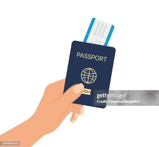 illustrazioni stock, clip art, cartoni animati e icone di tendenza di mano che tiene passaporto e carta d'imbarco su sfondo bianco - dogana