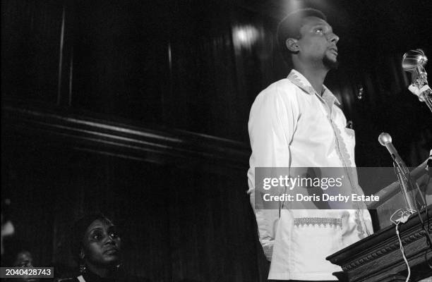 Stokely Carmichael, with wife Miriam Makeba, speaking at Tougaloo College, Tougaloo, Mississippi, United States, 1971.