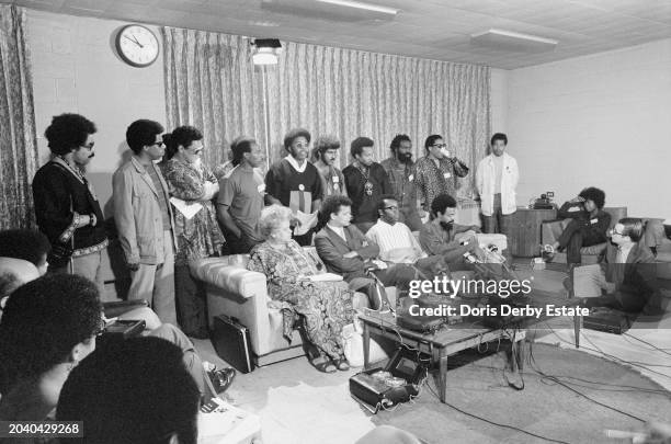 Congress of Afrikan Peoples Convention press conference, with leaders including Queen Mother Moore, Julian Bond, Richard Gordon Hatcher, Amiri Baraka...