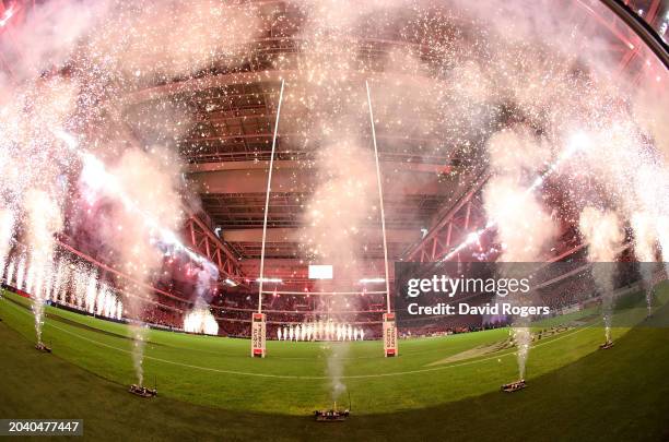 Pre match pyrotechnics fill the stadium with smoke during the Guinness Six Nations 2024 match between France and Italy at Stade Pierre Mauroy on...
