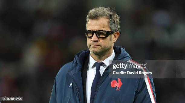 Fabien Galthie, the France head coach, looks on during the Guinness Six Nations 2024 match between France and Italy at Stade Pierre Mauroy on...