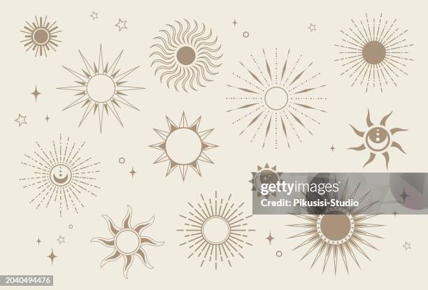 set of boho sun design elements. bohemian linear logos, icons and symbols - boho stock illustrations