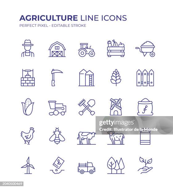 agriculture editable line icon set contains such icons as farmer, barn, tractor, harvest, husbandry, livestock, poultry, seedling, combine harvester and so on - fence birds stock illustrations