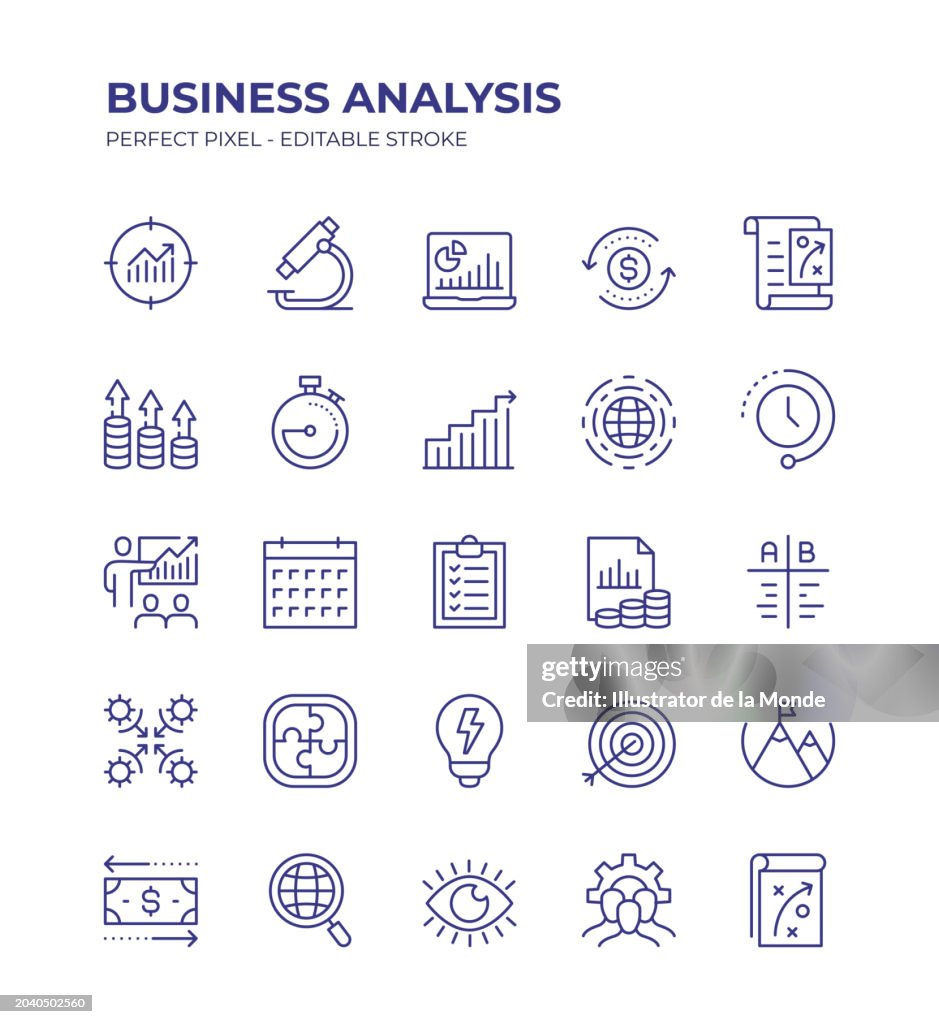 Business Analysis Editable Line Icon Set contains such icons as Gap Analysis, Swot Analysis, KPI, Quality Control, ERP, Business Model and so on