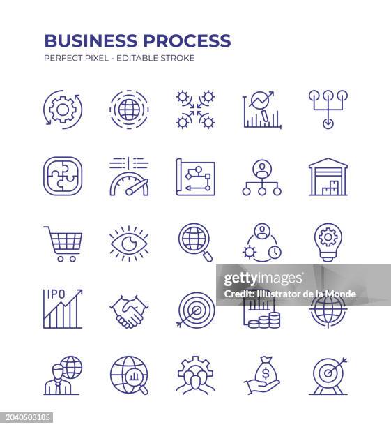 der bearbeitbare zeilensymbolsatz für geschäftsprozesse enthält symbole wie geschäftsplan, strategie, umsatzmodell, geschäftsmodell usw. - geschäftsprozess stock-grafiken, -clipart, -cartoons und -symbole