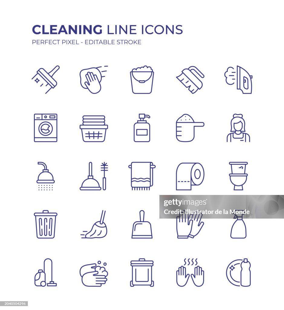Il set di icone della linea modificabile per la pulizia contiene icone come Paletta, Spugna, Mocio, Pattumiera, Bucato, Lavare i piatti, Casalinga, Detersivo, Ferro da stiro, Spolverare, Bagno, Pulire e così via