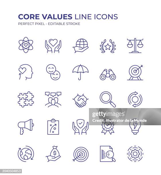 illustrazioni stock, clip art, cartoni animati e icone di tendenza di il set di icone della linea modificabile dei valori fondamentali contiene icone come csr, moralità, efficienza, perfezione, etica, lealtà, fiducia, lavoro di squadra, trasparenza e così via - passione