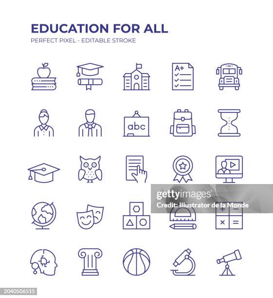 education editable line icon set contains such icons as book, graduation, school, educational exam, school bus, teacher, backpack, wisdom, e-learning and so on - scholarship award stock illustrations
