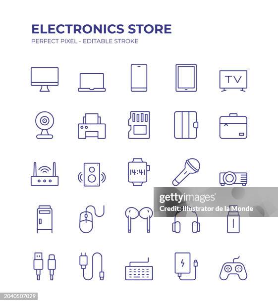 illustrazioni stock, clip art, cartoni animati e icone di tendenza di il set di icone della linea modificabile del negozio di elettronica contiene icone come pc desktop, laptop, telefono cellulare, tavoletta digitale, televisione, webcam, tastiera del computer e così via - attrezzatura elettronica