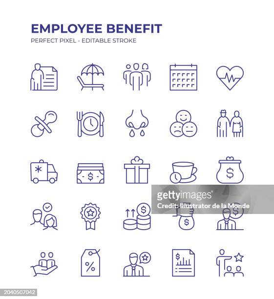 employee benefit editable line icon set contains such icons as paid vacation, retirement fund, life balance, sick leave, maternity leave, pay raise, health insurance and so on - corporate gender equality stock illustrations