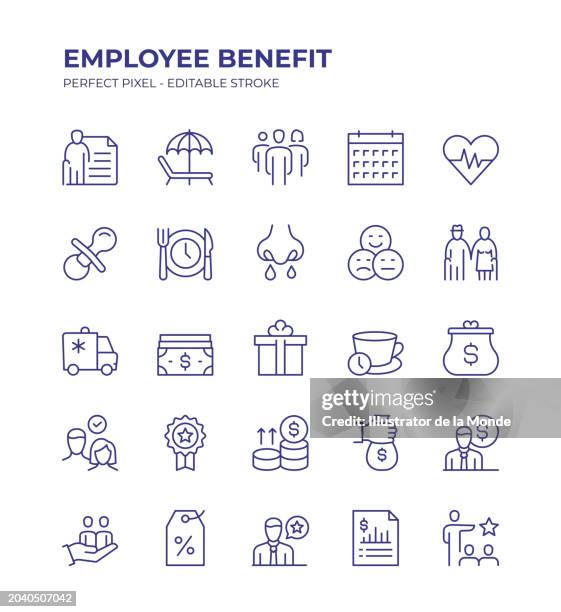 employee benefit editable line icon set contains such icons as paid vacation, retirement fund, life balance, sick leave, maternity leave, pay raise, health insurance and so on - maternity leave 幅插畫檔、美工圖案、卡通及圖標