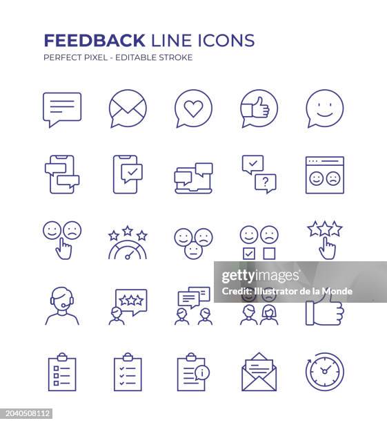 feedback editable line icon set contains such icons as speech bubble, satisfaction, emotions, surveyor, customer experience, questionnaire, positive feedback and so on - client satisfaction stock illustrations