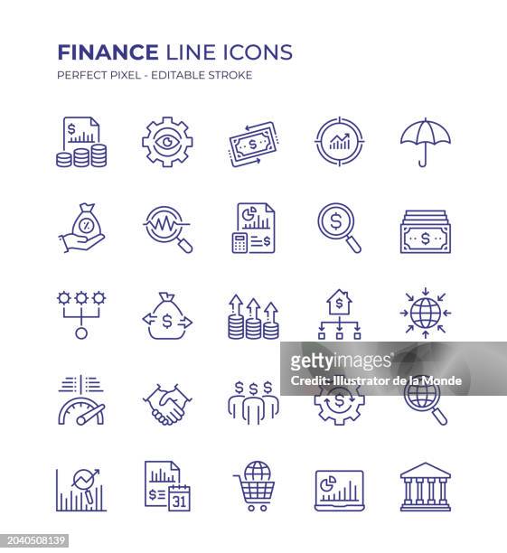 finance editable line icon set contains such icons as financial report, cash flow, investment, financial loan, budget, expense, income, banking and so on - wasting money stock illustrations