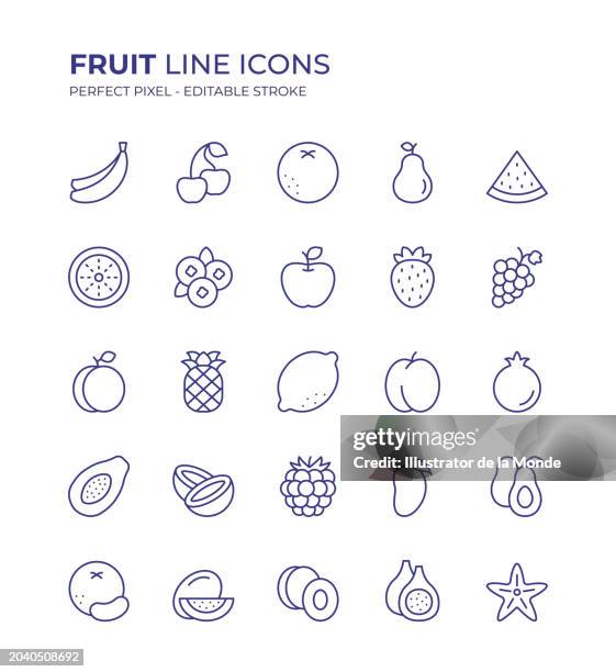 stockillustraties, clipart, cartoons en iconen met fruit editable line icon set contains such icons as banana, cherry, orange, pear, watermelon, blueberry, grape, pineapple, strawberry, apple, peach, fig and so on - framboos