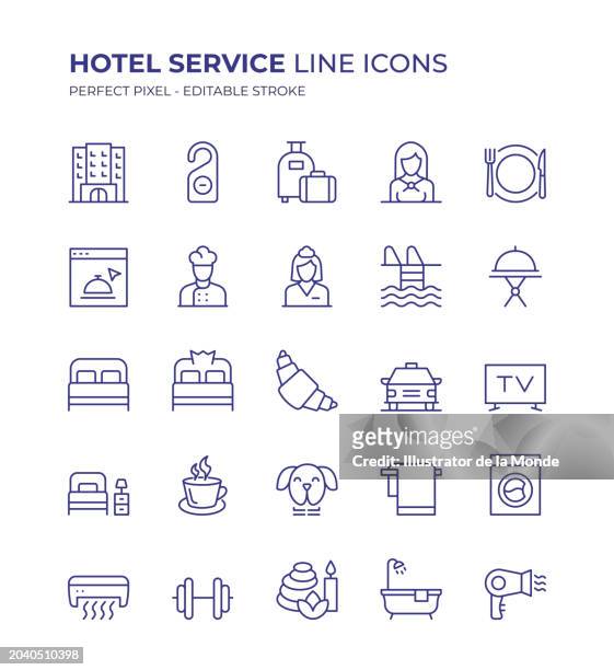 hotel service editable line icon set contains such icons as luxury hotel, motel, receptionist, bellboy, bedroom, concierge, room key, online booking and so on - motel stock illustrations