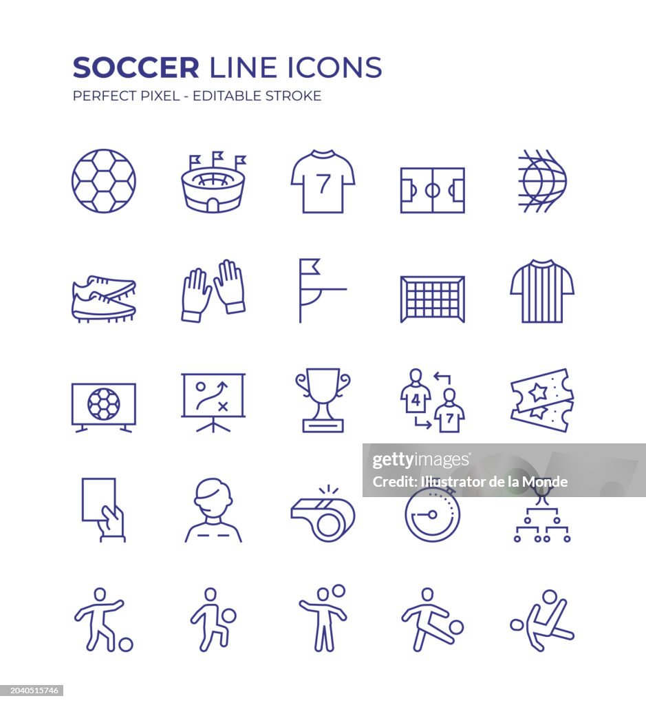 Das bearbeitbare Liniensymbolset für Fußball enthält Symbole wie Fußball, Stadion, Fußballplatz, Tor, Torwart, Stürmer, Trophäe, Schiedsrichter und so weiter
