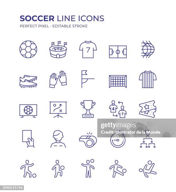 illustrazioni stock, clip art, cartoni animati e icone di tendenza di il set di icone della linea modificabile del calcio contiene icone come calcio, stadio, campo da calcio, porta, portiere, attaccante, trofeo, arbitro e così via - segnare