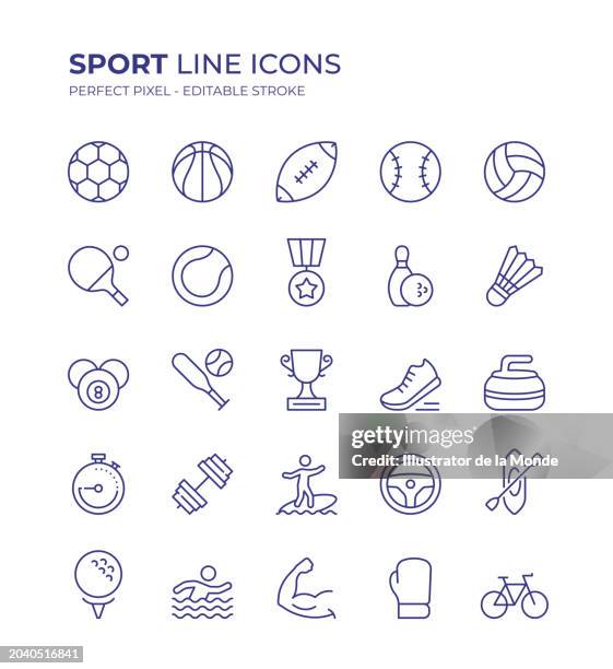 sport editable line icon set enthält symbole wie fußball, fußball, basketball, volleyball, tennis, autorennen, cricket, boxen, tischtennis und so weiter - hockey car stock-grafiken, -clipart, -cartoons und -symbole