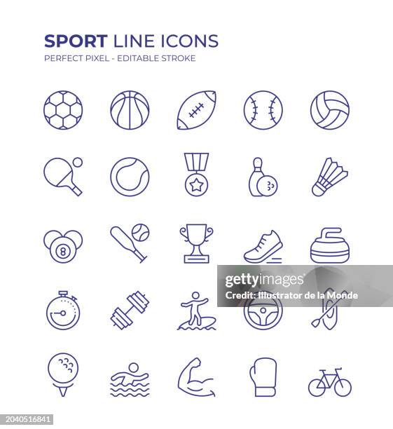sport editable line icon set enthält symbole wie fußball, fußball, basketball, volleyball, tennis, autorennen, cricket, boxen, tischtennis und so weiter - floßfahrt stock-grafiken, -clipart, -cartoons und -symbole