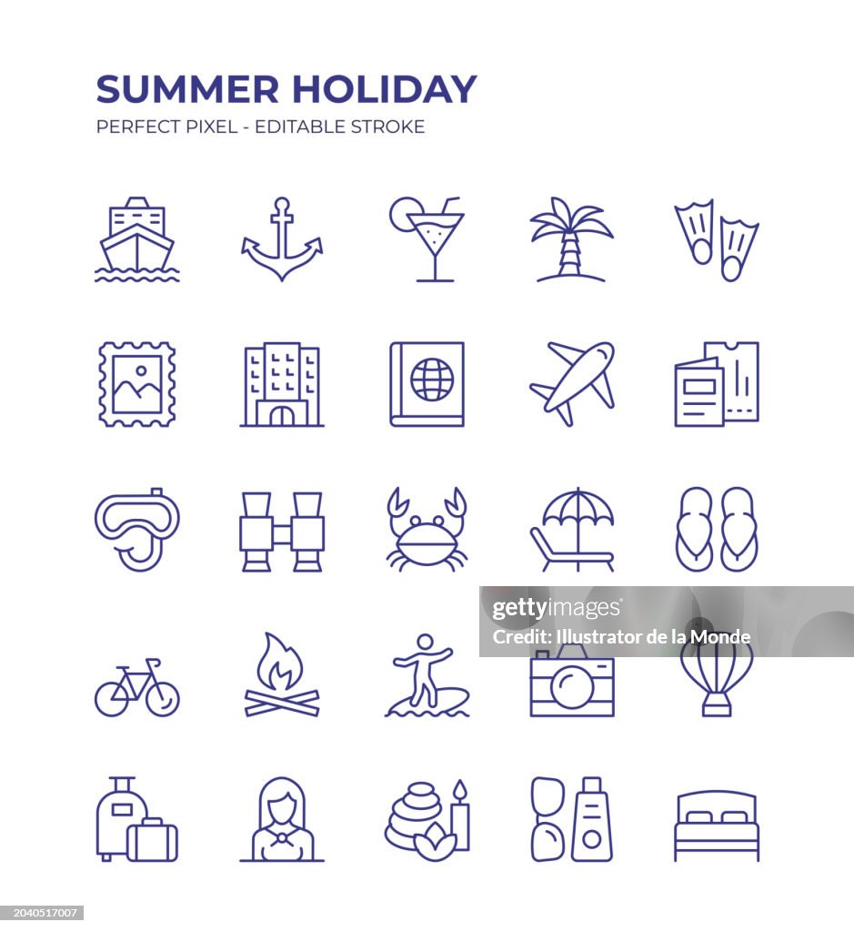 Summer Holiday Editable Line Icon Set contains such icons as Anchor, Swimming, Beach, Lounge Chair, Ship, Diving, Surfing and so on