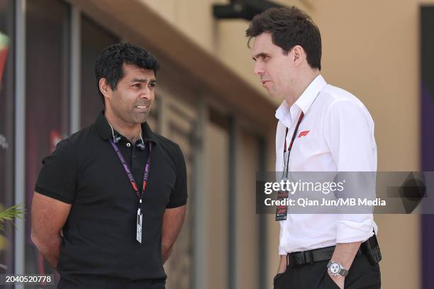 Karun Chandhok of India and Sky Sports F1 and Liam Parker of Great Britain and F1 during practice ahead of the F1 Grand Prix of Bahrain at Bahrain...