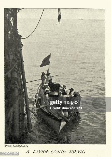 british royal navy diver going down into the sea, 1890s, 19th century - wetsuit dive stock illustrations
