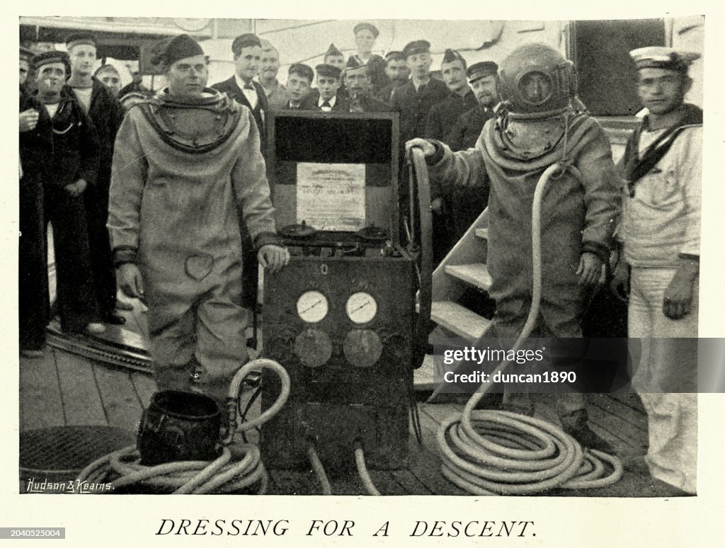 British Royal navy divers in deep sea diving suit, 1890s, 19th Century