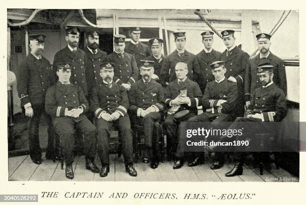 ilustraciones, imágenes clip art, dibujos animados e iconos de stock de marina real británica, capitán y oficiales del hms aeolus, historia militar, década de 1890, siglo xix - marina real británica