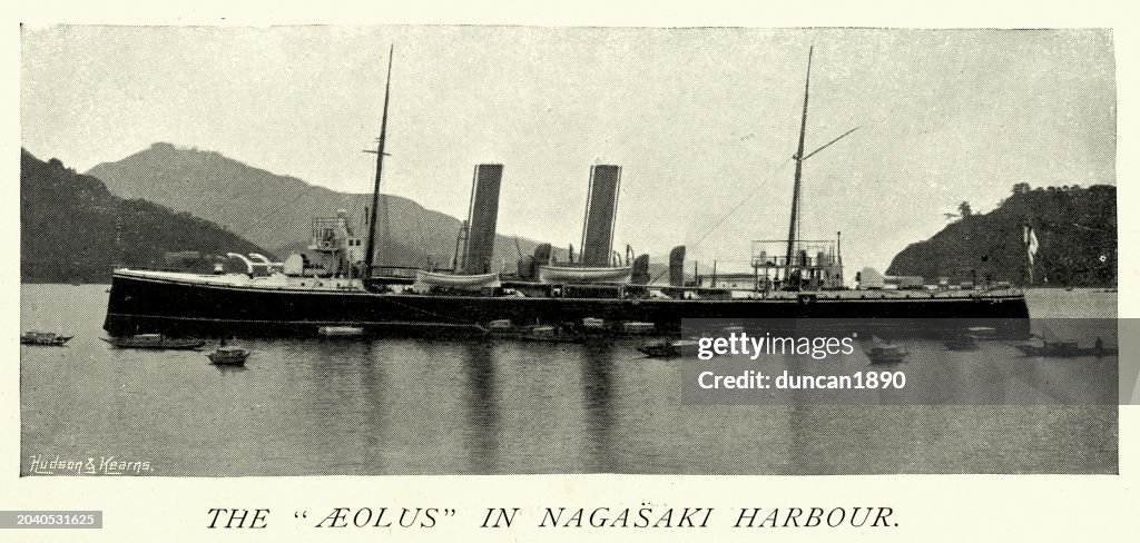 Royal Navy warship, HMS Aeolus in Nagasaki Harbour, cruiser, Military History, 1890s, 19th Century