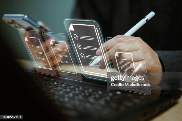 Electronic signature concept. Businessman sign electronic digital document, online paperless office, future business contract online. Man use computer agreement technology, e-document management