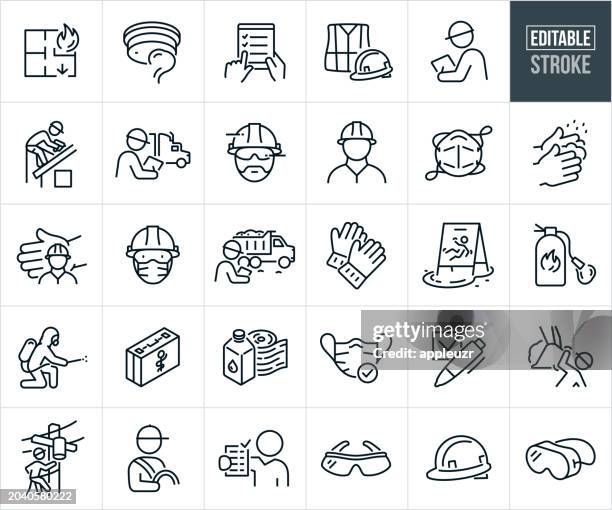 illustrazioni stock, clip art, cartoni animati e icone di tendenza di icone a linee sottili per la salute e la sicurezza sul luogo di lavoro - tratto modificabile - attrezzatura di sicurezza