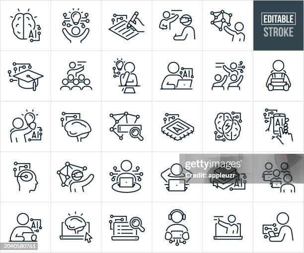 illustrations, cliparts, dessins animés et icônes de l’intelligence artificielle dans l’éducation icônes de ligne mince - trait modifiable - intelligence artificielle