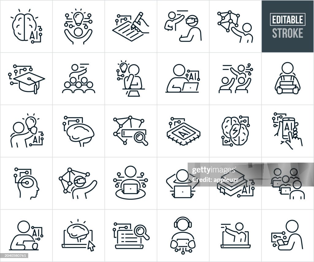 Artificial Intelligence In Education Thin Line Icons - Editable Stroke