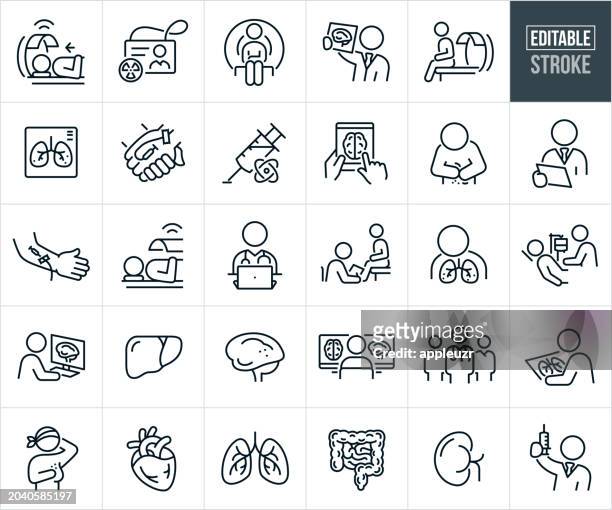 nuclear medicine thin line icons - editable stroke - brain scans stock illustrations