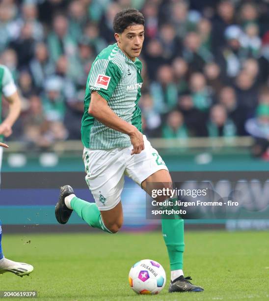 Julian Malatini of Werder plays the ball during the Bundesliga match between SV Werder Bremen and SV Darmstadt 98 at Wohninvest Weserstadion on...