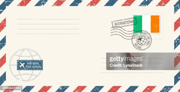 blank air mail grunge envelope with ireland postage stamp. vintage postcard vector illustration with irish national flag isolated on white background. retro style. - republic of ireland flag stock illustrations